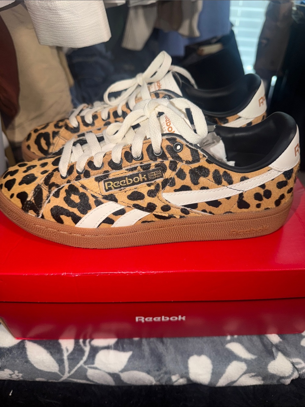 Reebok Women’s Leopard Print Sneakers in Tan, Black & White